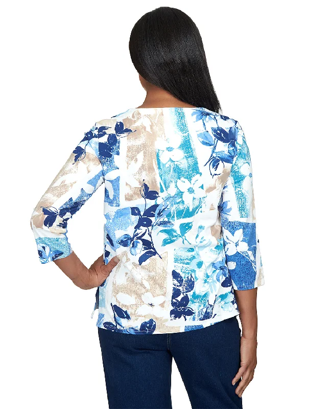 Alfred Dunner Key Item Blue Floral Patchwork Knit Top