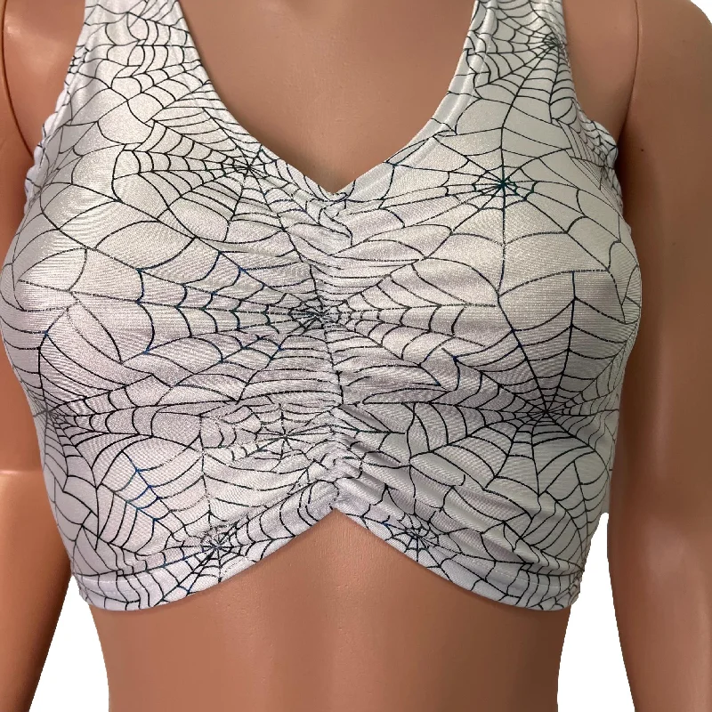 Holographic Spider Web on White Ruched Crop Top Tank