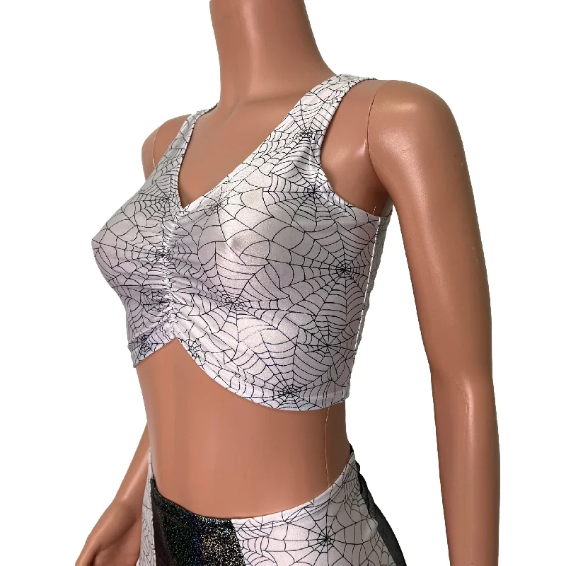 Holographic Spider Web on White Ruched Crop Top Tank