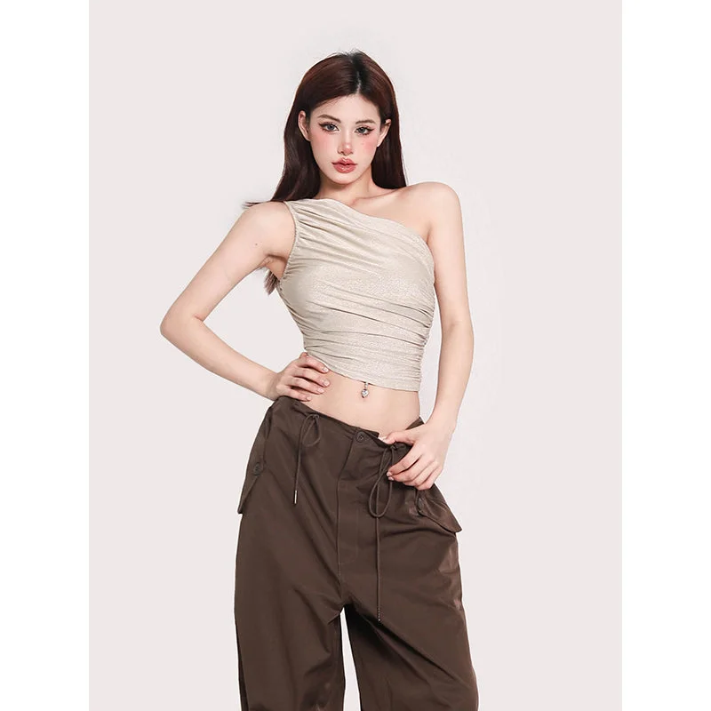 Olivia Solid Color Shimmer One Shoulder Pleated Slim Wrapped Cropped Top