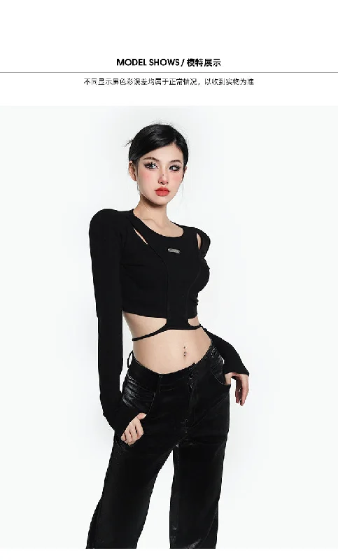 Riri Solid Color Black Double Layered Long Sleeve Top