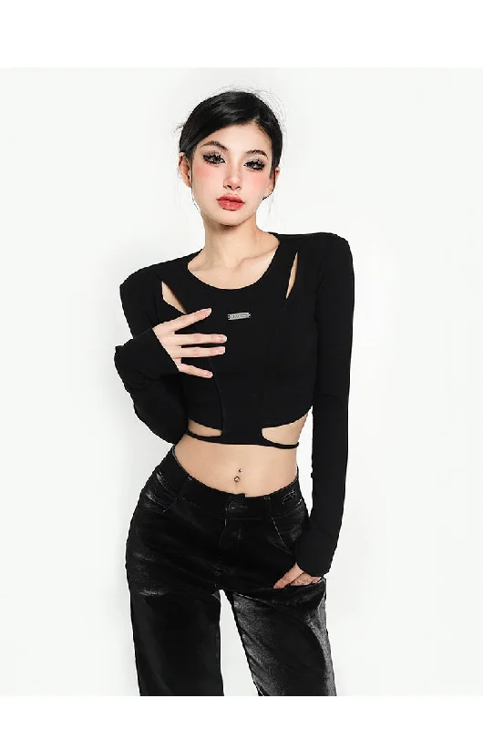 Riri Solid Color Black Double Layered Long Sleeve Top