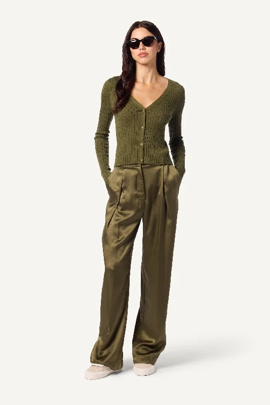 EMERSON HIGH RISE PLEATED SILK PANT | OLIVE