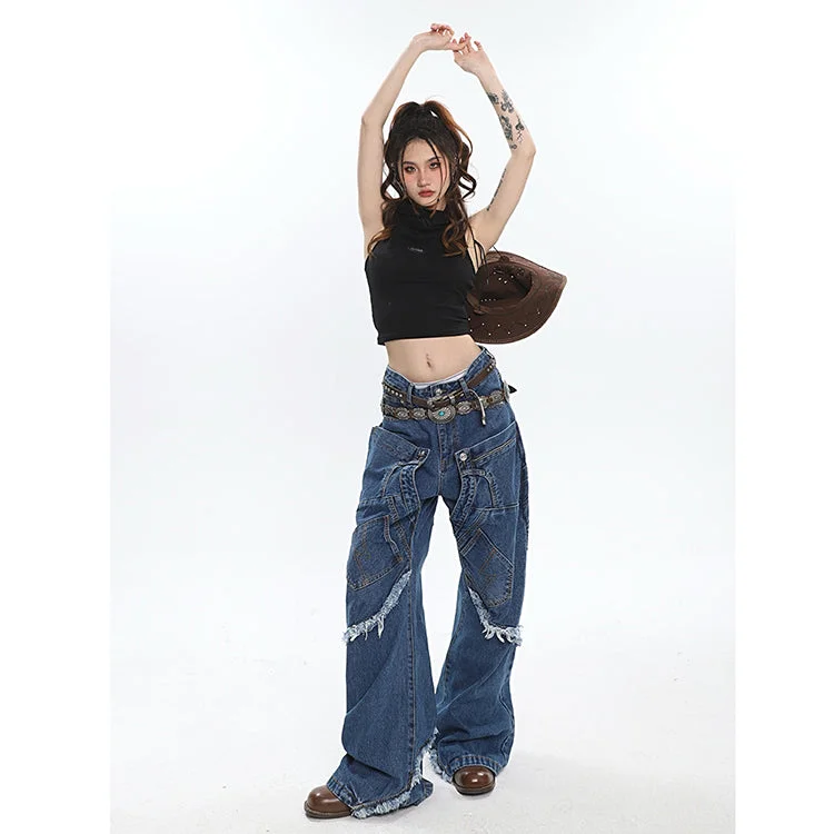 Ianna Patchwork Blue Denim Straight Leg High Waist Jeans Pants