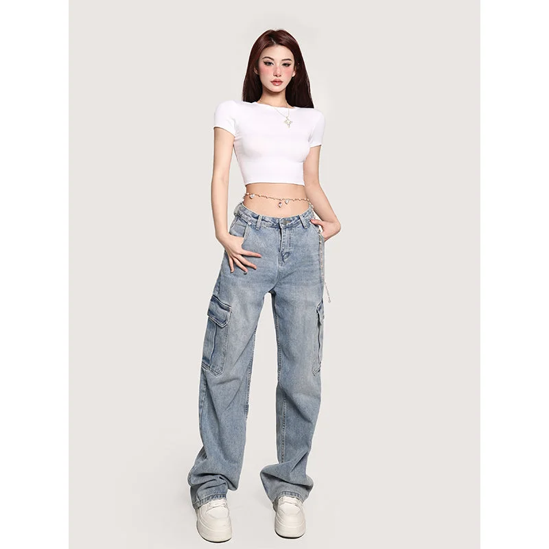 Louise Denim Blue High Waist Straight Leg Multi-Pocket Cargo Jeans Pants