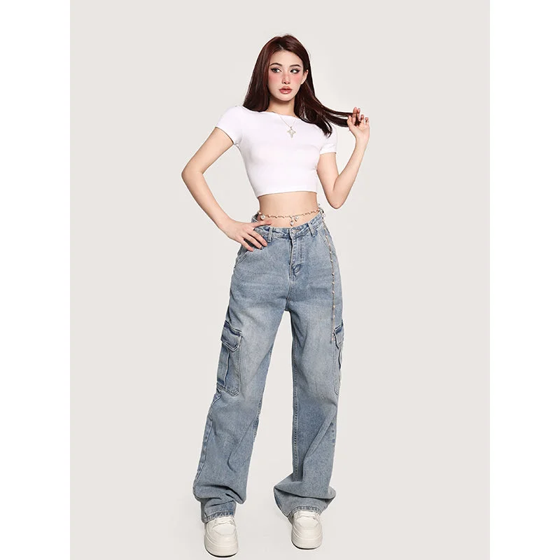 Louise Denim Blue High Waist Straight Leg Multi-Pocket Cargo Jeans Pants