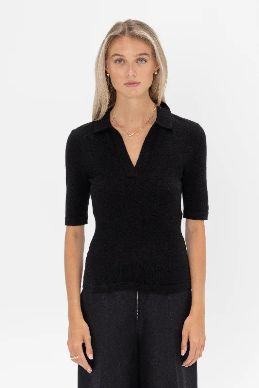 Open Neck Polo Sweater, Black