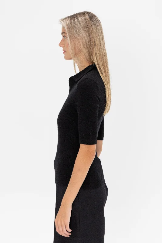 Open Neck Polo Sweater, Black