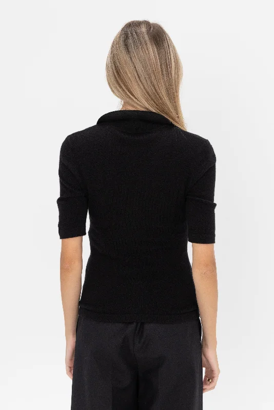 Open Neck Polo Sweater, Black