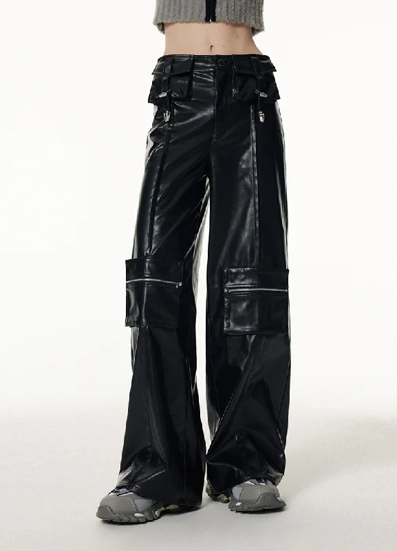 Shirley Solid Color Black Faux Leather Multi Pocket Zipper Straight Leg Pants