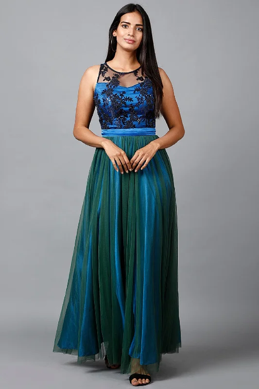 Women's Blue Green Net Gown  - MIRACOLOS by Ruchi