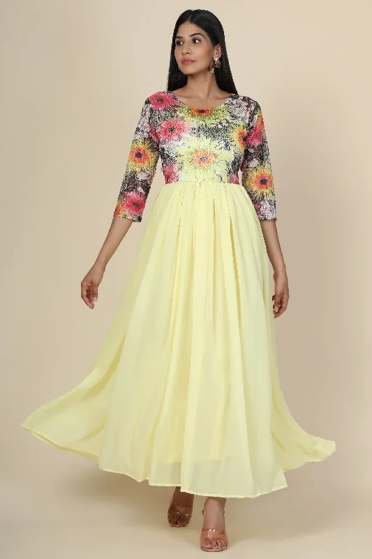 Women's Lemon Gown In Georgette And Sunflower Print Net Yoke - MIRACOLOS by Ruchi