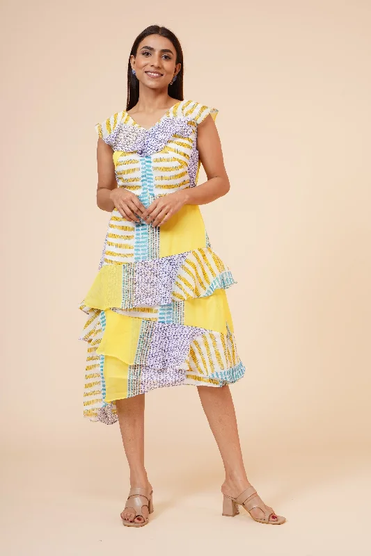 Women's Lemon Printed Georgette  Ruffle   Dress - MIRACOLOS by Ruchi