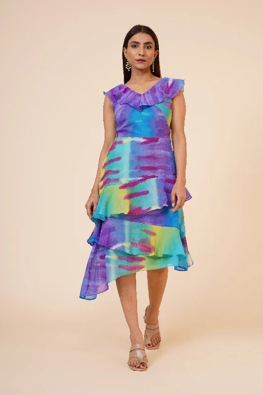 Women's Multicolor Printed Georgette  Ruffle   Dress - MIRACOLOS by Ruchi