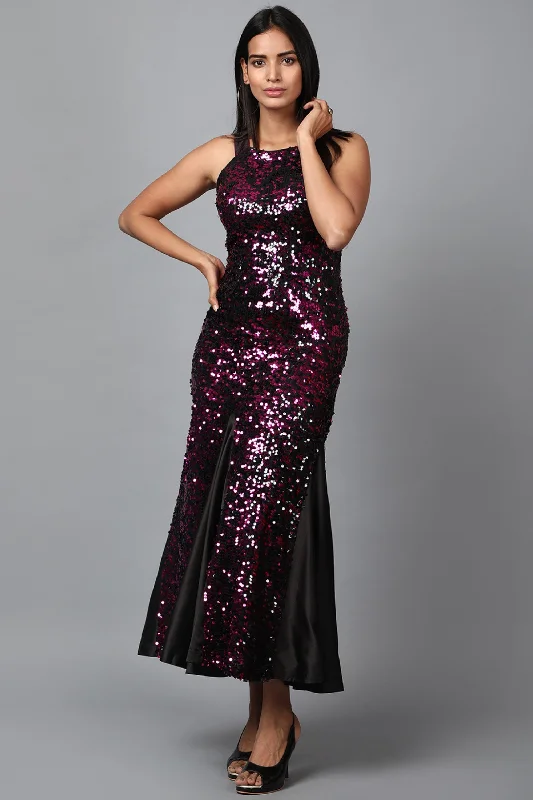 Women's Pink Sequins Halter Neck Mermaid Dress - MIRACOLOS by Ruchi