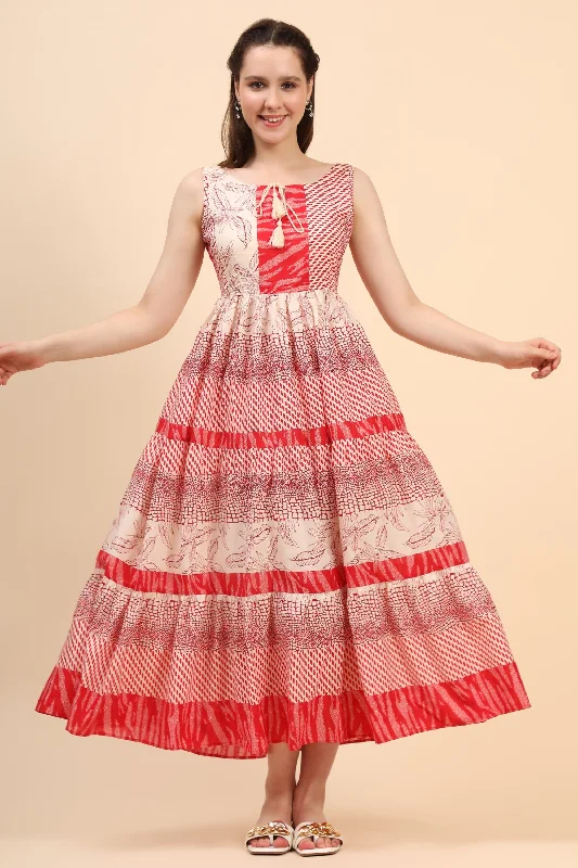 Women's Red And Cream Gather Dress In Cambric - MIRACOLOS by Ruchi