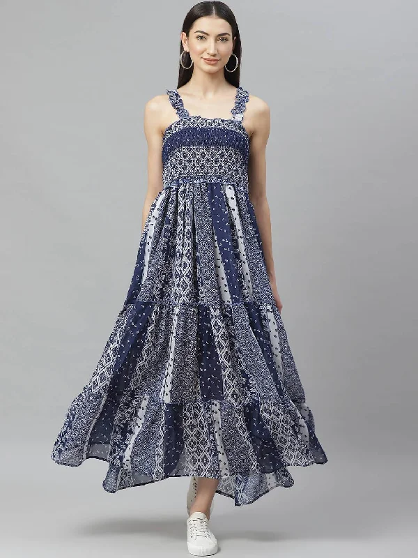 Women Blue Printed Dress by Myshka (1 Pc Set)